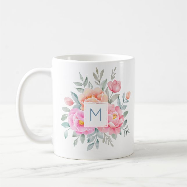 Monogram Aquarellpeonys Rose Pink Bouquet Kaffeetasse (Links)