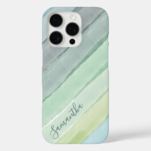 Monogram Aquarellstreifen glänzend grün blau iPhone 16 Pro Hülle