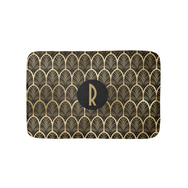 Monogram Art Deco Schwarz und Gold Muster Badematte (Vorderseite)