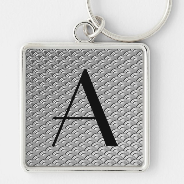 Monogram Art Deco Silver Wave Muster Schlüsselanhänger (Vorne)