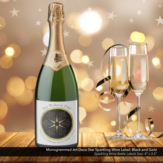Monogram Art Deco Star Black and Gold (Monogrammed Art Deco Star Sparkling Wine Label: Black and Faux Metallic Gold Foil.)