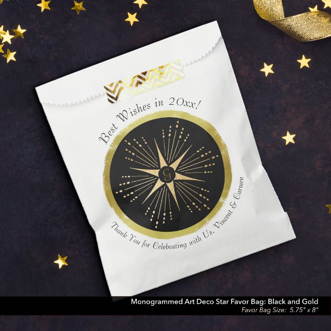 Monogram Art Deco Star Black and Gold Geschenktütchen (Monogrammed Art Deco Star Favor Bag: Black and Gold)