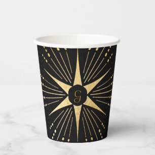 Monogram Art Deco Star Black and Gold Paper Cup Pappbecher