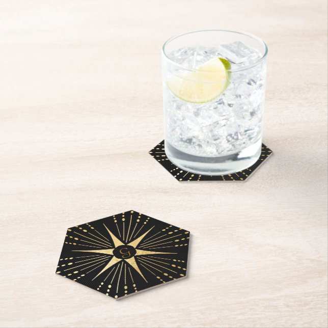 Monogram Art Deco Star Black and Gold Untersetzer (Vor Ort)