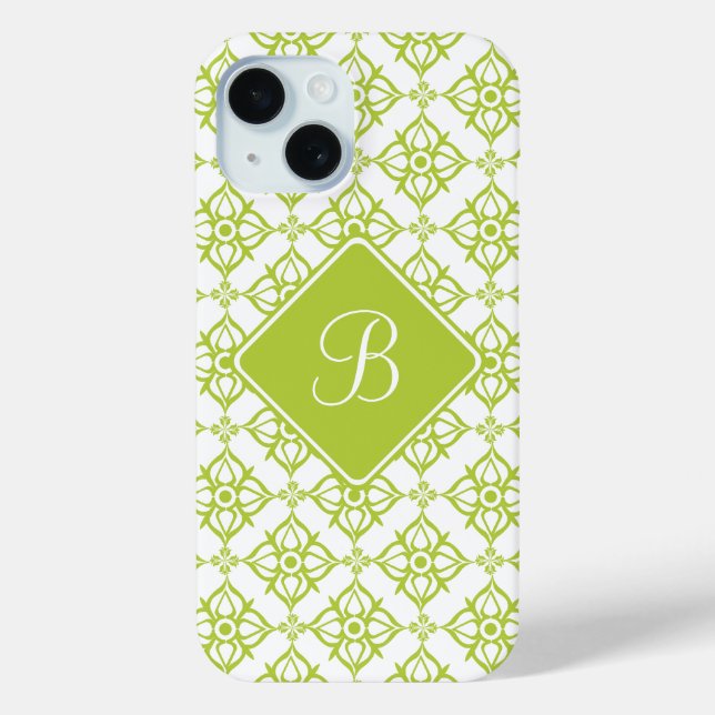 Monogram Atlantis Green Star Damask auf Weiß Case-Mate iPhone Hülle (Rückseite)