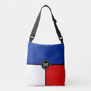 Monogram auf blauem, rotem und weißem Umhängebeute Tragetaschen Mit Langen Trägern