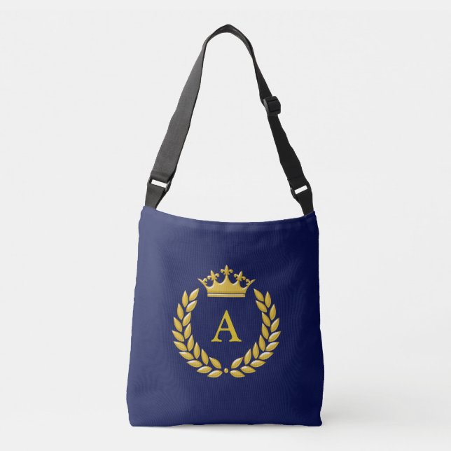 Monogram auf Golden Crown & Laurel auf Navy Blue Tragetaschen Mit Langen Trägern (Vorderseite)