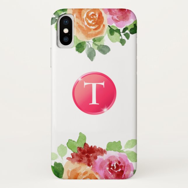 Monogram auf Watercolor Floral iPhone X Case (Rückseite)