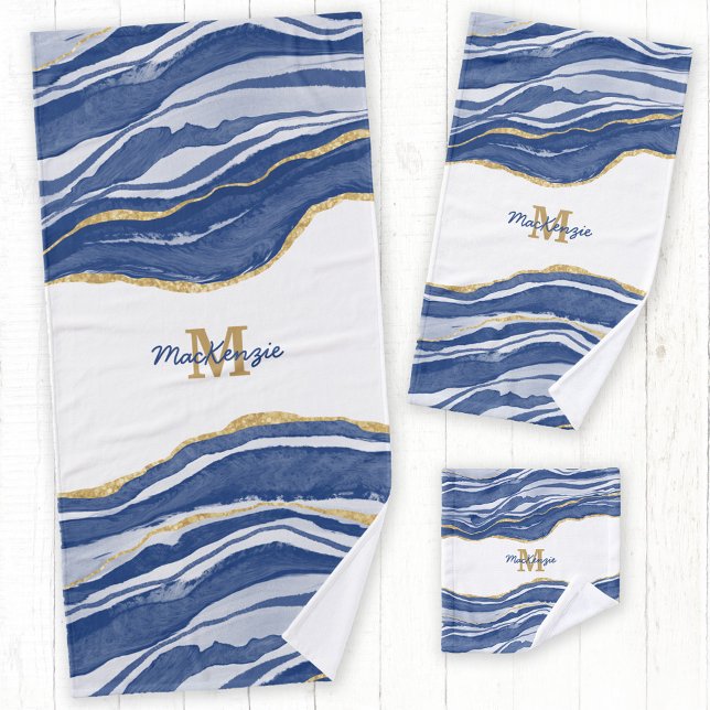 Monogram aus blauem Marmor Agate Gold Glitzer Badhandtuch Set (Watercolor blue agate monogram name towel set)