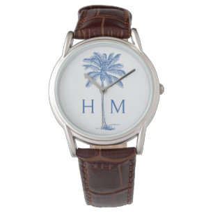 Monogram aus Blue und White Palm Palmetto Tree Armbanduhr
