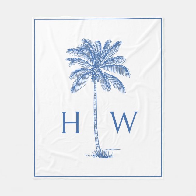 Monogram aus Blue und White Palm Palmetto Tree Fleecedecke (Vorderseite)