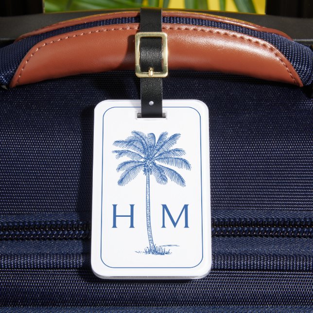 Monogram aus Blue und White Palm Palmetto Tree Gepäckanhänger (Vorderseite Insitu 2)