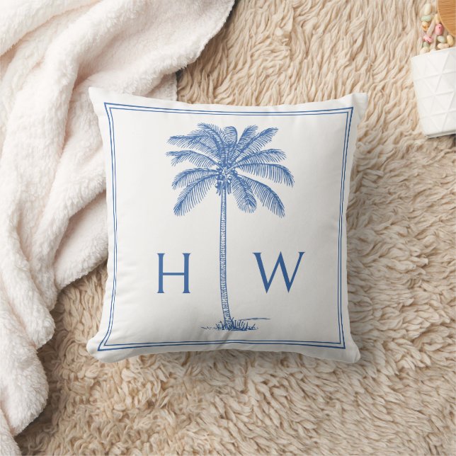 Monogram aus Blue und White Palm Palmetto Tree Kissen (Decke)