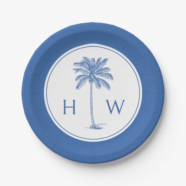 Monogram aus Blue und White Palm Palmetto Tree Pappteller (Vorderseite)