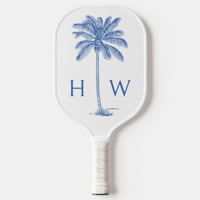 Monogram aus Blue und White Palm Palmetto Tree Pickleball Schläger (Vorderseite)