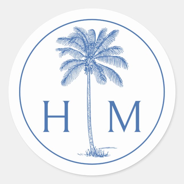 Monogram aus Blue und White Palm Palmetto Tree Runder Aufkleber (Vorderseite)