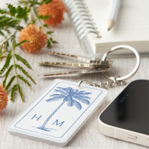 Monogram aus Blue und White Palm Palmetto Tree Schlüsselanhänger