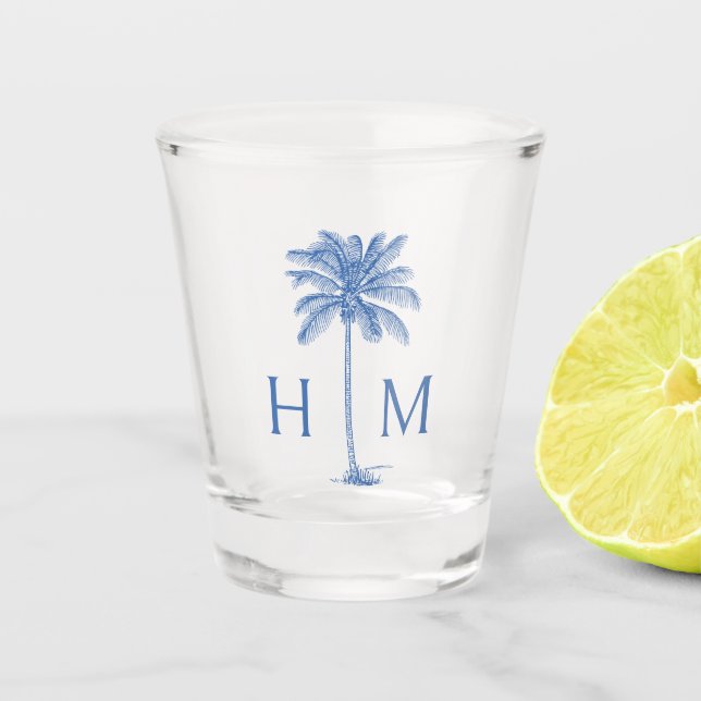 Monogram aus Blue und White Palm Palmetto Tree Schnapsglas (Vorderseite)