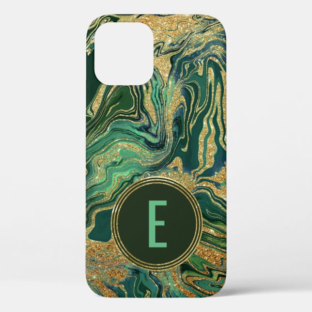 Monogram aus grünem Gold-Marmor-Glitzer Case-Mate iPhone Hülle (Rückseite)