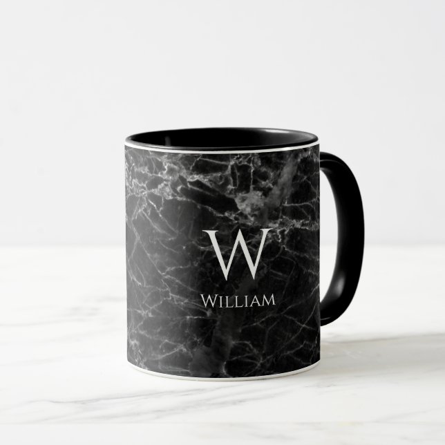 Monogram aus schwarzem Marmor Name Modern White In Tasse (VorderseiteRechts)