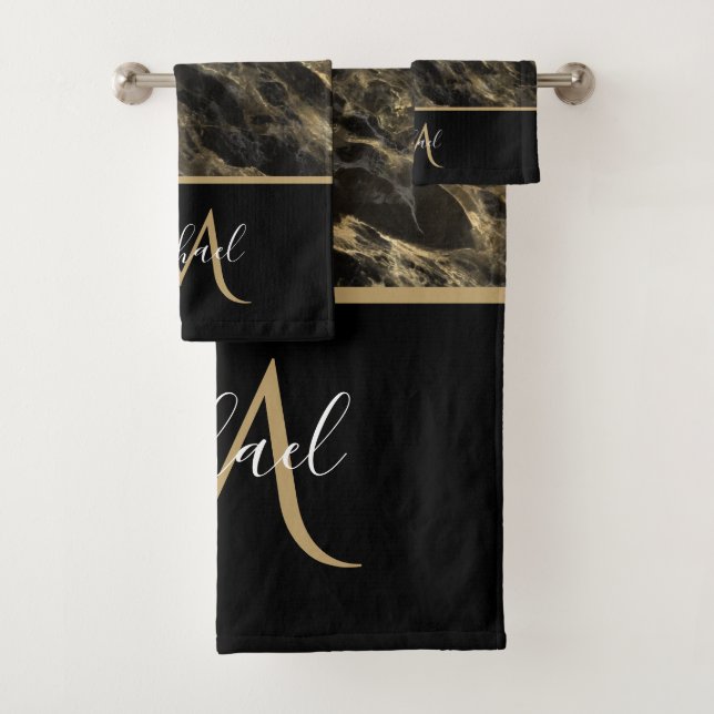 Monogram aus schwarzem und goldenem Marmor Elegant Badhandtuch Set (Insitu)