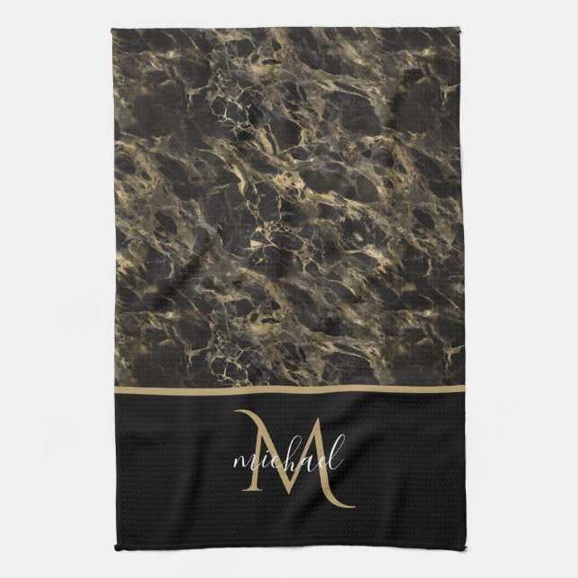 Monogram aus schwarzem und goldenem Marmor Elegant Geschirrtuch (Vertikal)