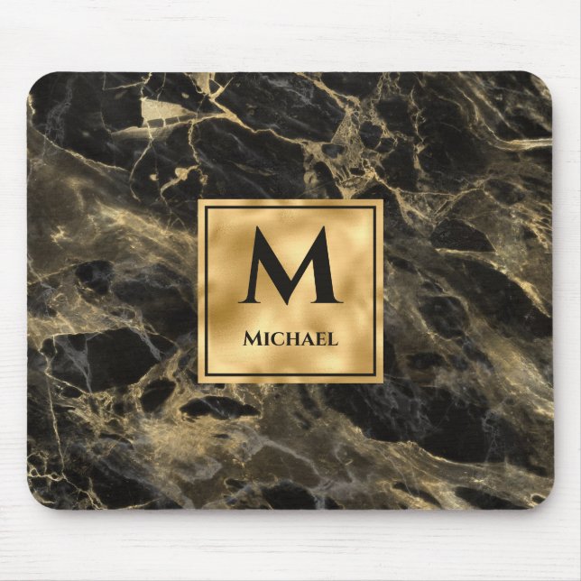 Monogram aus schwarzem und goldenem Marmor Elegant Mousepad (Vorne)