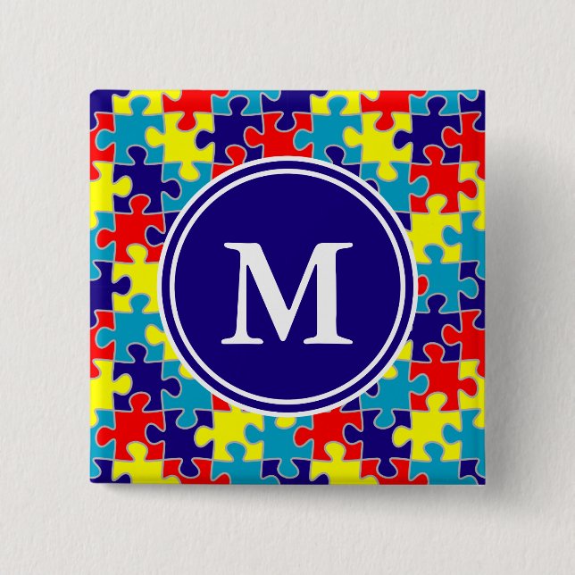 Monogram Autismus Awareness Aspergers Puzzle Muste Button (Vorderseite)