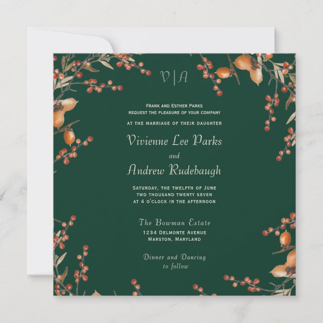 Monogram Autumn Acorn Evergreen Wedding Einladung (Vorderseite)
