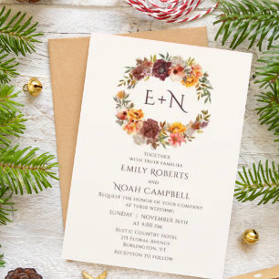 Monogram Autumn Rustic Plum Orange Floral Wedding Einladung