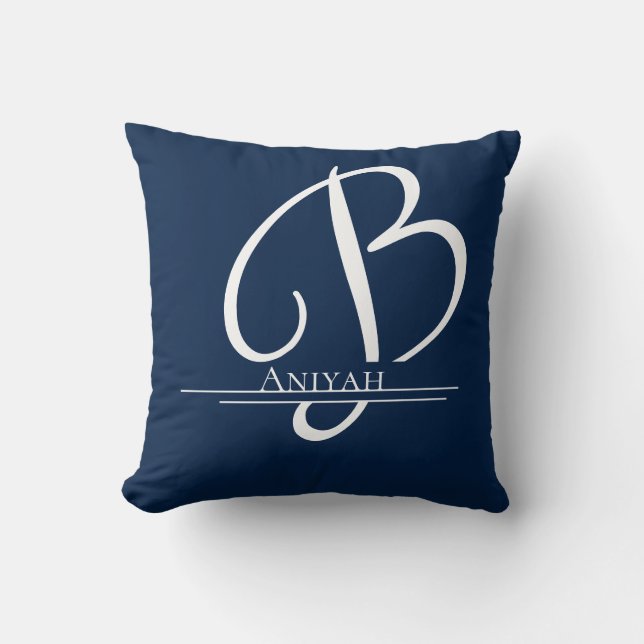 Monogram B Blue White Name Throw Kissen (Vorderseite)
