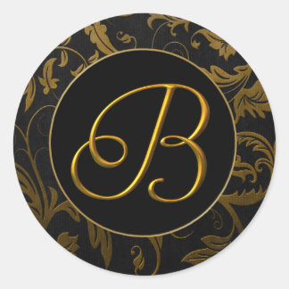 Monogram B Gold and Black Damask Wedding Siegel Runder Aufkleber