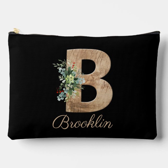 Monogram-B-Holzbrief violett Blume schwarz Zubehörtasche (Vorderseite)