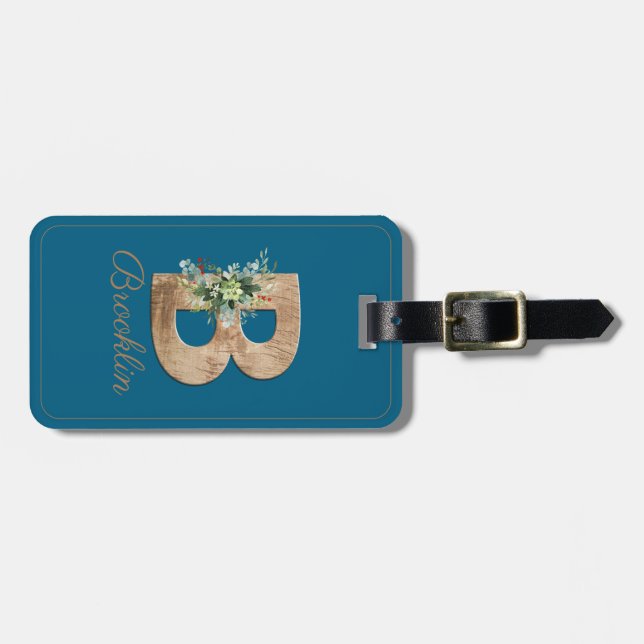 Monogram-B-Holzbuchstabe blaue Blume Gepäckmarke Gepäckanhänger (Vorderseite horizontal)