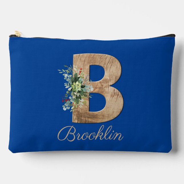Monogram-B-Holzbuchstabe dunkelblaue Blume Zubehörtasche (Vorderseite)