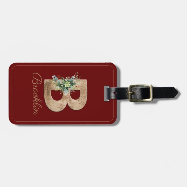 Monogram-B-Holzbuchstaben Blume borundy Gepäckmark Gepäckanhänger (Vorderseite horizontal)