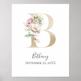 Monogram B Pink White Floral Gold Letter Kinderzim Poster