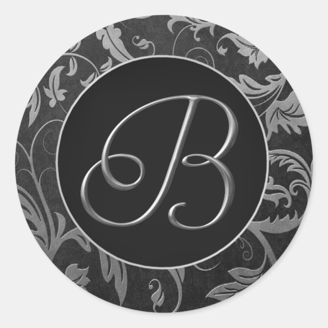 Monogram B Silver and Black Damask Wedding Siegel Runder Aufkleber (Vorderseite)