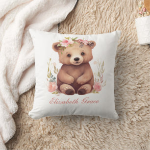 Monogram Baby-Bär Mädchen Rosa Blumen Kinderzimmer Kissen