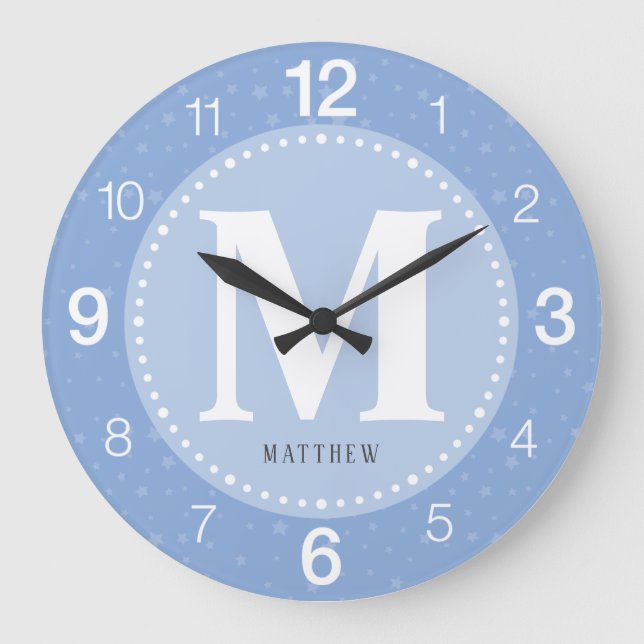 Monogram Baby Boy Blue Kinderzimmer Große Wanduhr (Vorderseite)