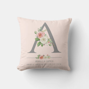 Monogram Baby Girl Geburtsstat Herzfloral Kissen