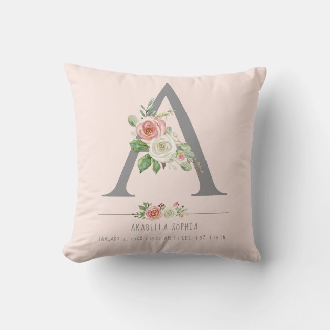 Monogram Baby Girl | Geburtsstat Herzfloral Kissen (Vorderseite)