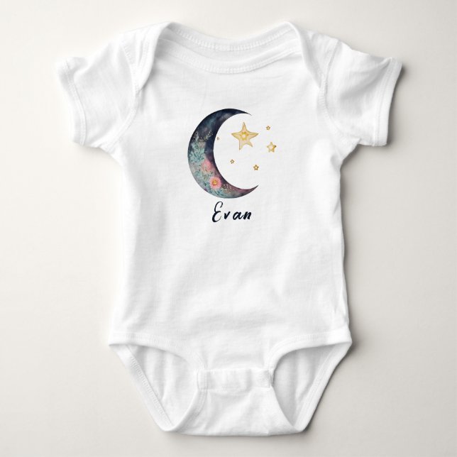 Monogram Baby Name Earthy Boho Blume Moon Stars Strampler (Vorderseite)