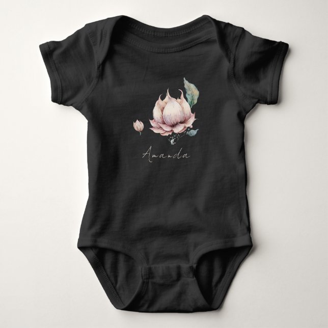 Monogram Baby Name Earthy Boho Hübsch Lotus Blume Strampler (Vorderseite)
