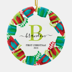 Monogram Baby Name First Christmas Xmas Wreath Keramik Ornament