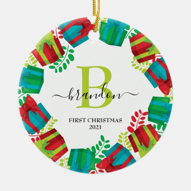 Monogram Baby Name First Christmas Xmas Wreath Keramik Ornament (Vorne)