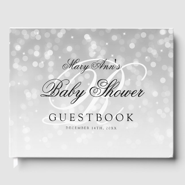 Monogram Baby Shooter Silver Bokeh Sparkle Lights Gästebuch (Vorderseite)