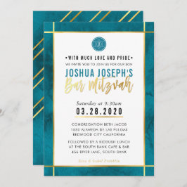 MONOGRAM BAR MITZVAH aquamariner Blaugoldstreifen Einladung