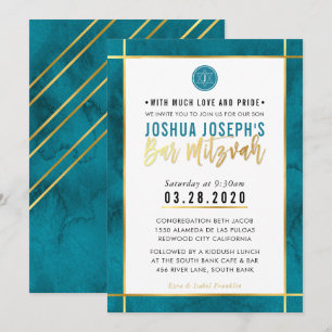 MONOGRAM BAR MITZVAH aquamariner Blaugoldstreifen Einladung