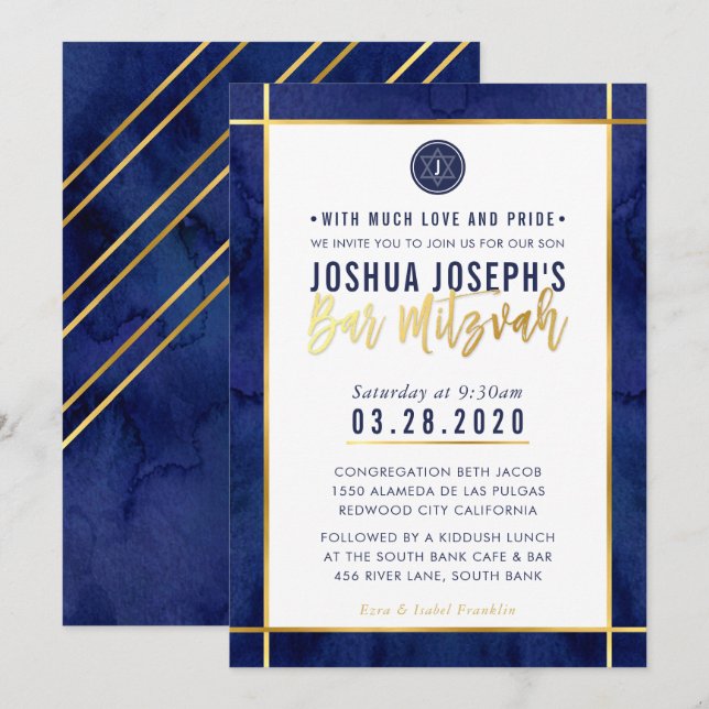 MONOGRAM BAR MITZVAH dunkelblaues Aquarellgold Einladung (Vorne/Hinten)